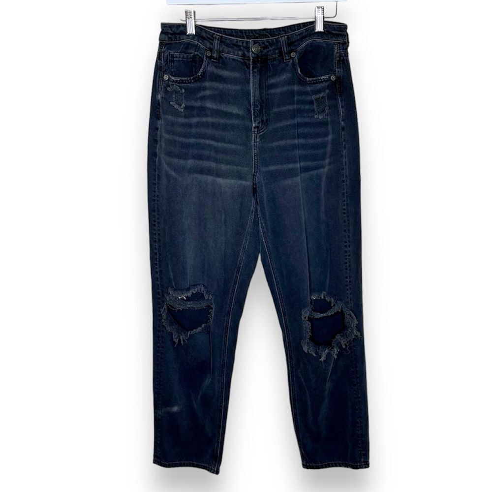 American Eagle Mom Straight Leg Jean Black Denim Distressed Women 10 Long AEO